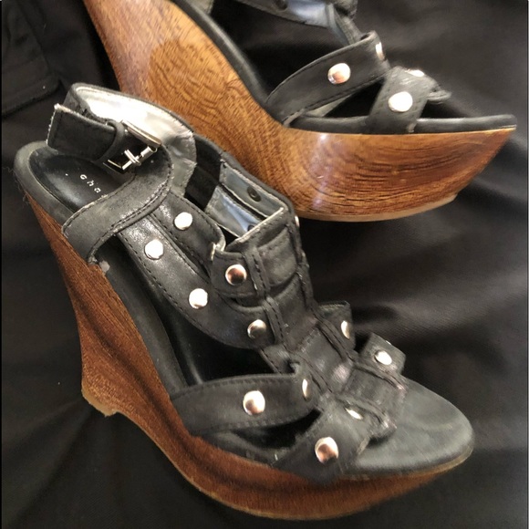 Black and Silver denim studded wedge sandals - Picture 2 of 7